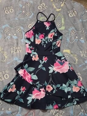 Speechless Navy Floral Halter Dress with Pink & Teal Blooms